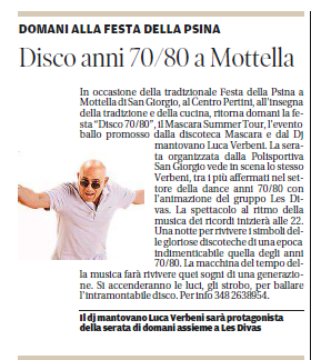 20 08 2015 articolo gazzmn Disco anni 70 80 a Mottella