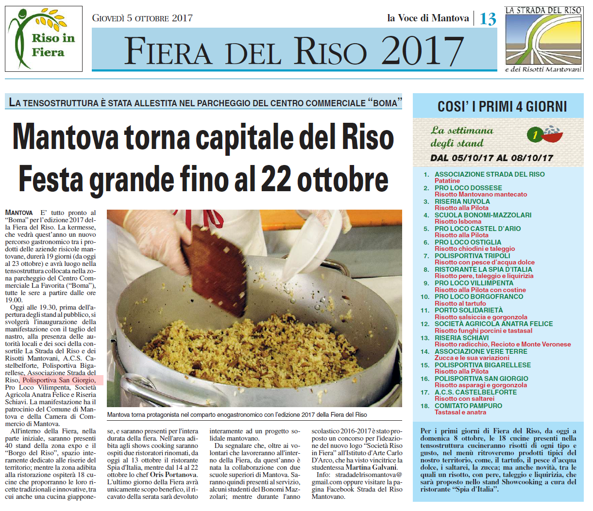 05 10 2017 vocemn Mantova torna capitale del Riso Festa grande fino al 22 ottobre