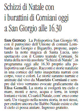 12 12 2017 vocemn Schizzi di Natale con i burattini di Corniani oggi a San Giorgio alle 16.30