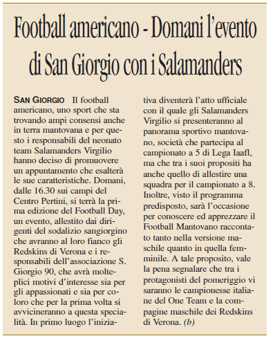 15 07 2017 vocemn Football americano Domani levento di San Giorgio con i Salamanders