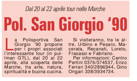 03 02 2018 gazzmn Pol. San Giorgio 90 Dal 20 al 22 aprile tour nelle Marche
