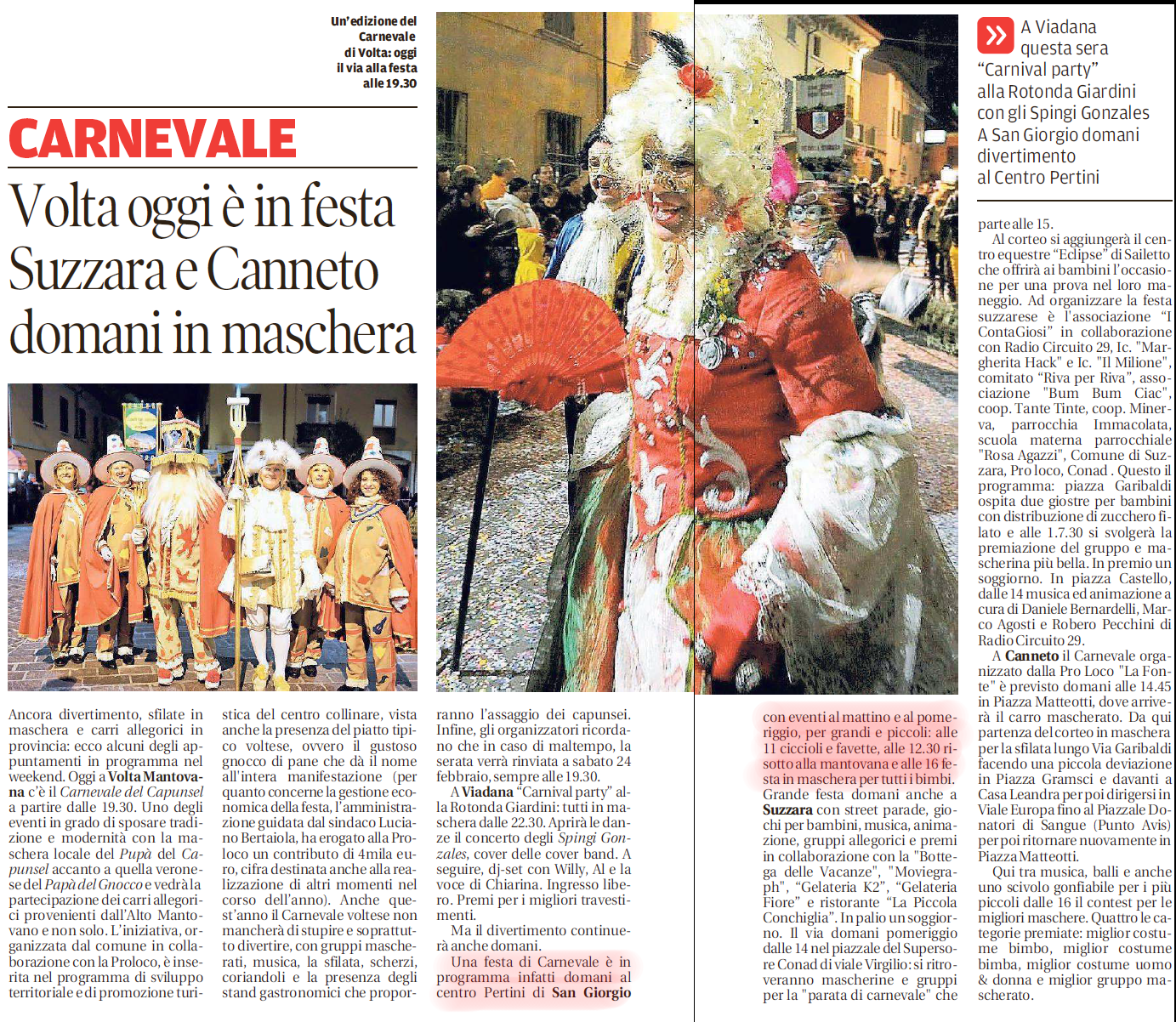 17 02 2018 gazzmn Volta oggi è in festa Suzzara e Canneto domani in maschera