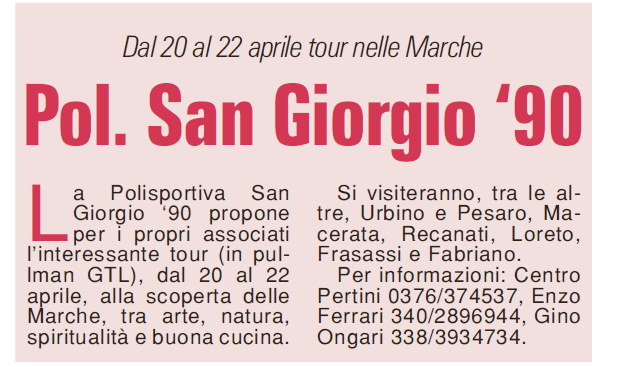 27 01 2018 gazzmn Pol. San Giorgio 90 Dal 20 al 22 aprile tour nelle Marche